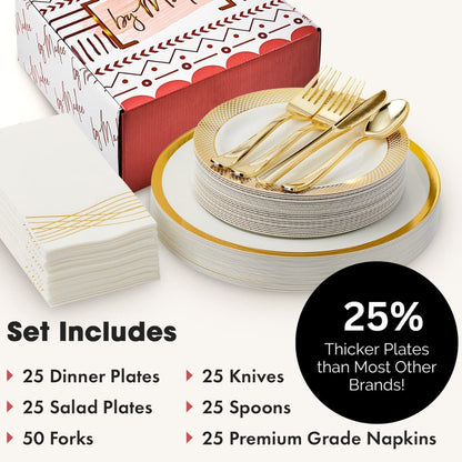 175 PCS Gold Plastic Disposable Dinnerware Set 25 Guests