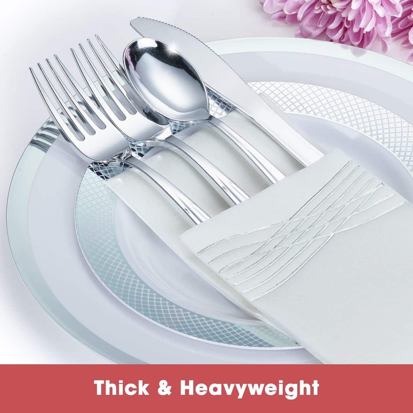 60 PCS Silver Plastic Plates - 30 Silver Rim Dinner Plates & 30 Salad or Dessert Plates w/ Grid Design