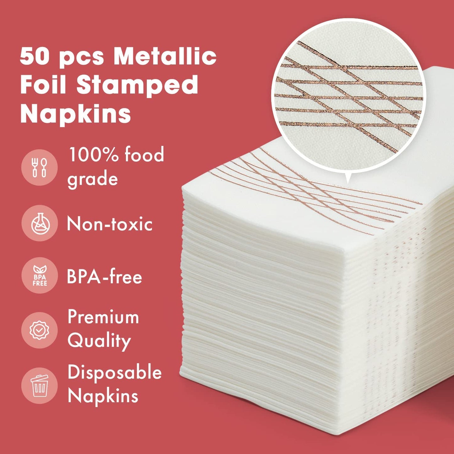 Rose Gold Fancy Paper Napkins, Perfect Disposable Guest Hand Towels for Bathrooms (8.5" x 4" Rose Gold Wavy 50 Pack)