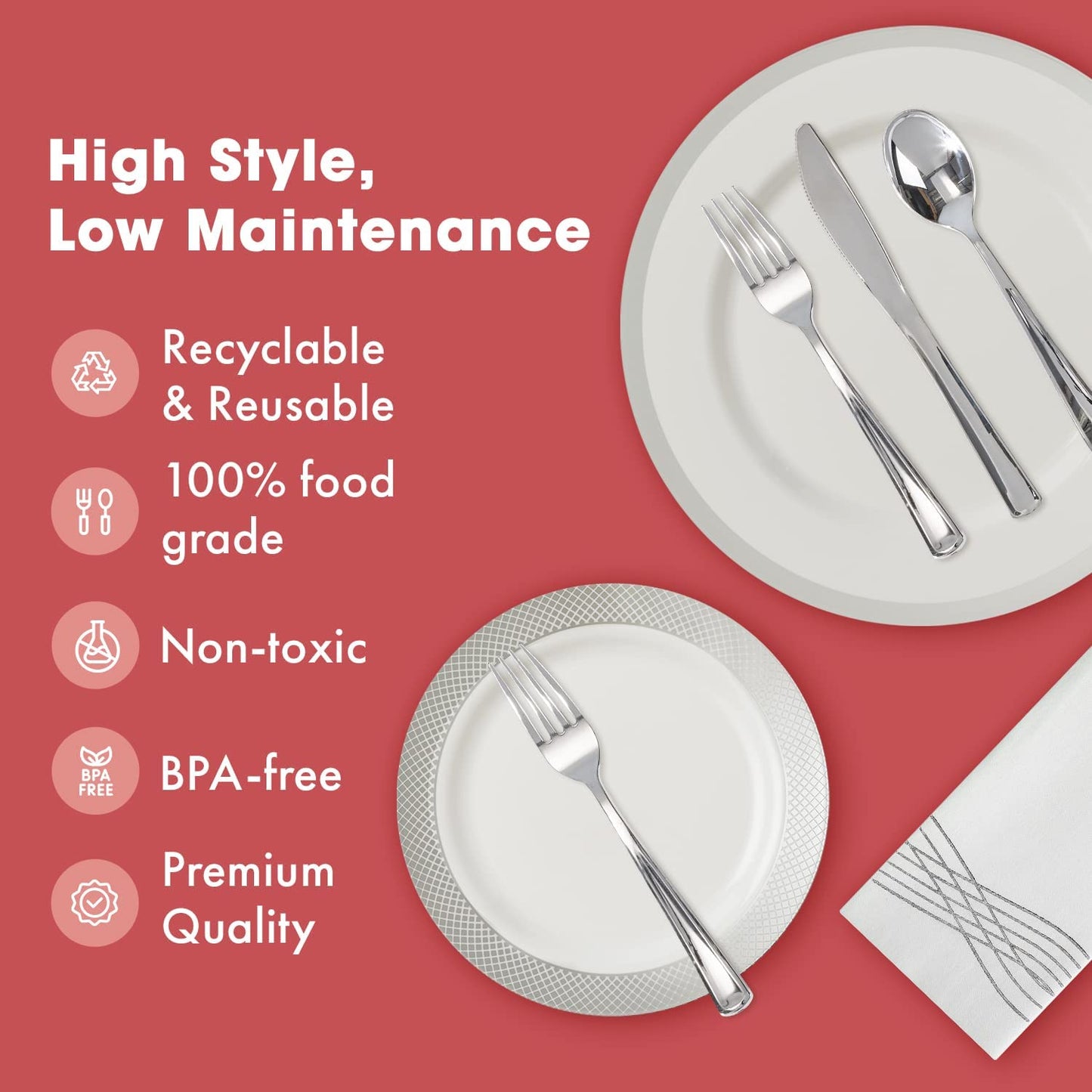 Elegant White and Silver Rimmed Disposable Party Set