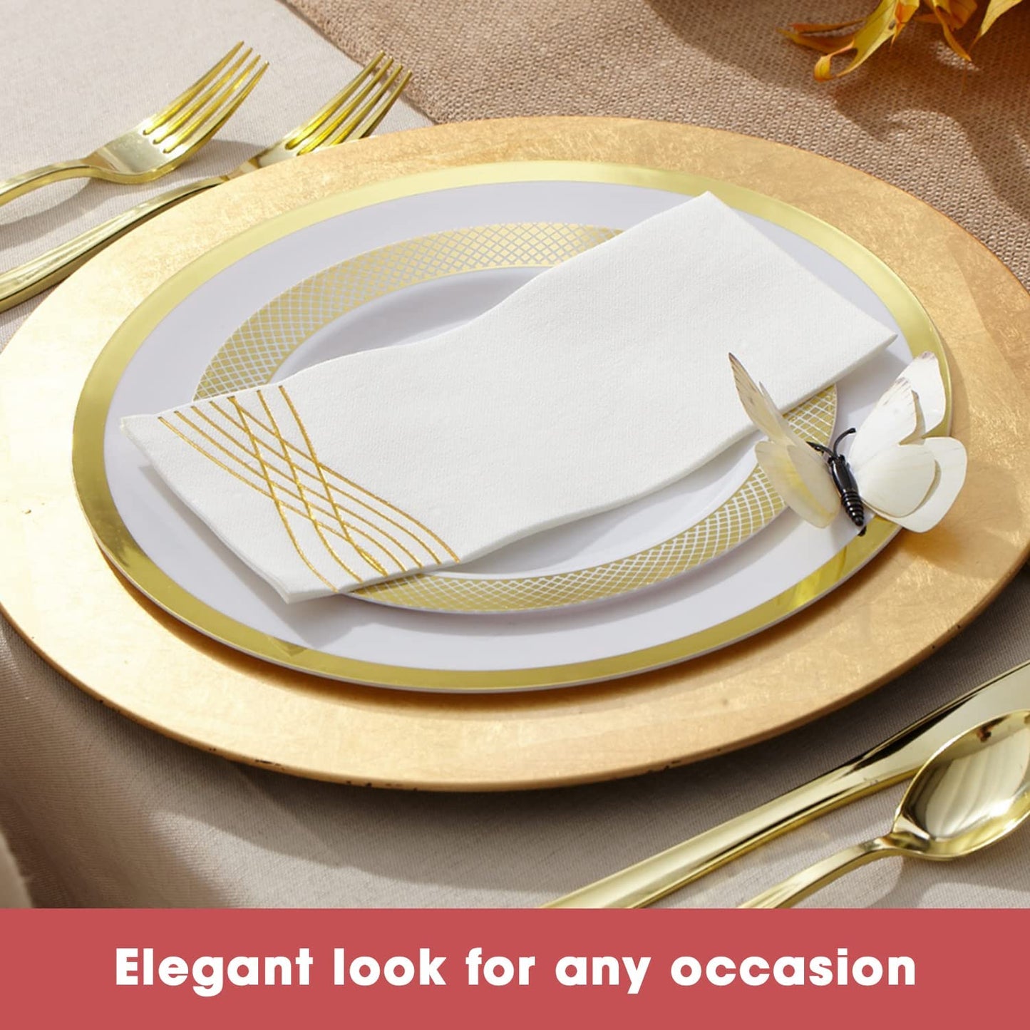 100 PCS Gold Plastic Plates - 50 Dinner Plates & 50 Salad or Dessert Plates