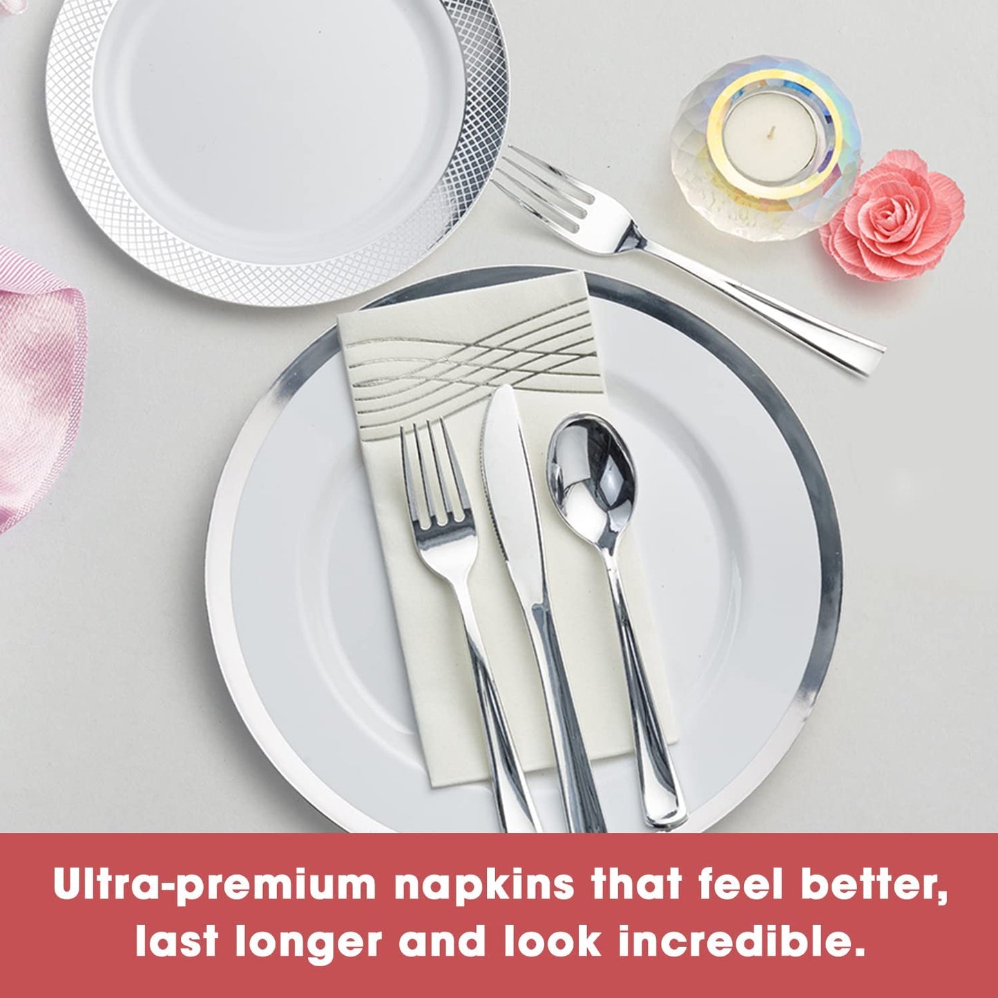 Silver Party Napkins or Disposable Hand Towels (50 Pack)