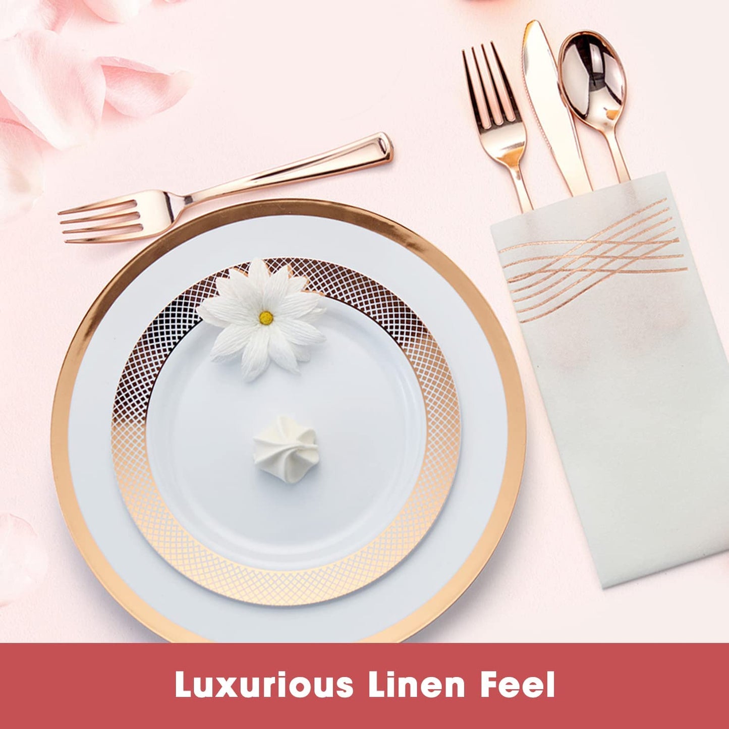 Rose Gold Fancy Paper Napkins, Perfect Disposable Guest Hand Towels for Bathrooms (8.5" x 4" Rose Gold Wavy 50 Pack)