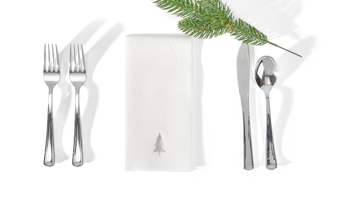 Silver Christmas Tree Design, Linen-Feel Disposable Guest & Party Napkins (50 Count)