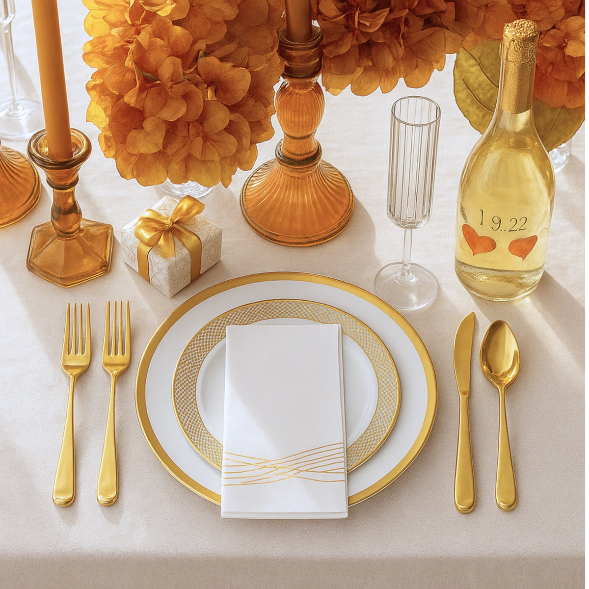 By Madee heavyweight gold disposable dinnerware styled in an elegant table setting to resemble fine china