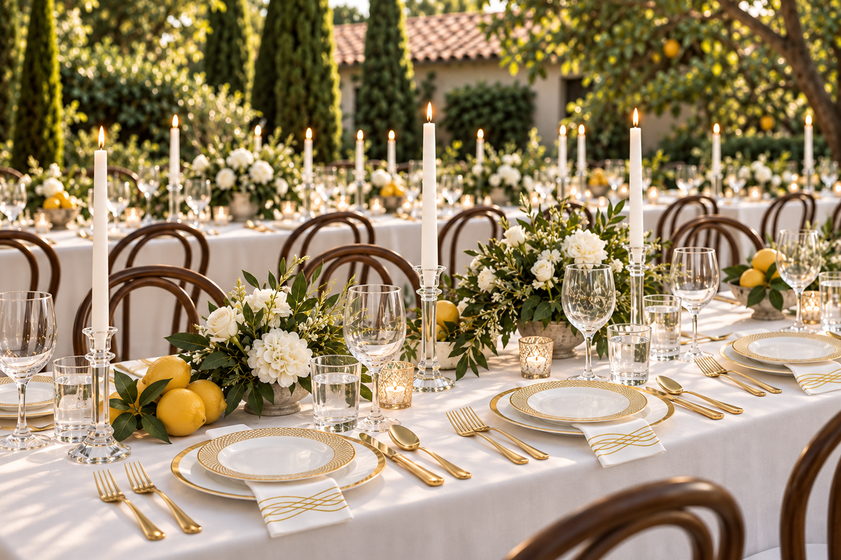 Elegant wedding table setting with By Madee heavyweight disposable plates as an alternative to rented china