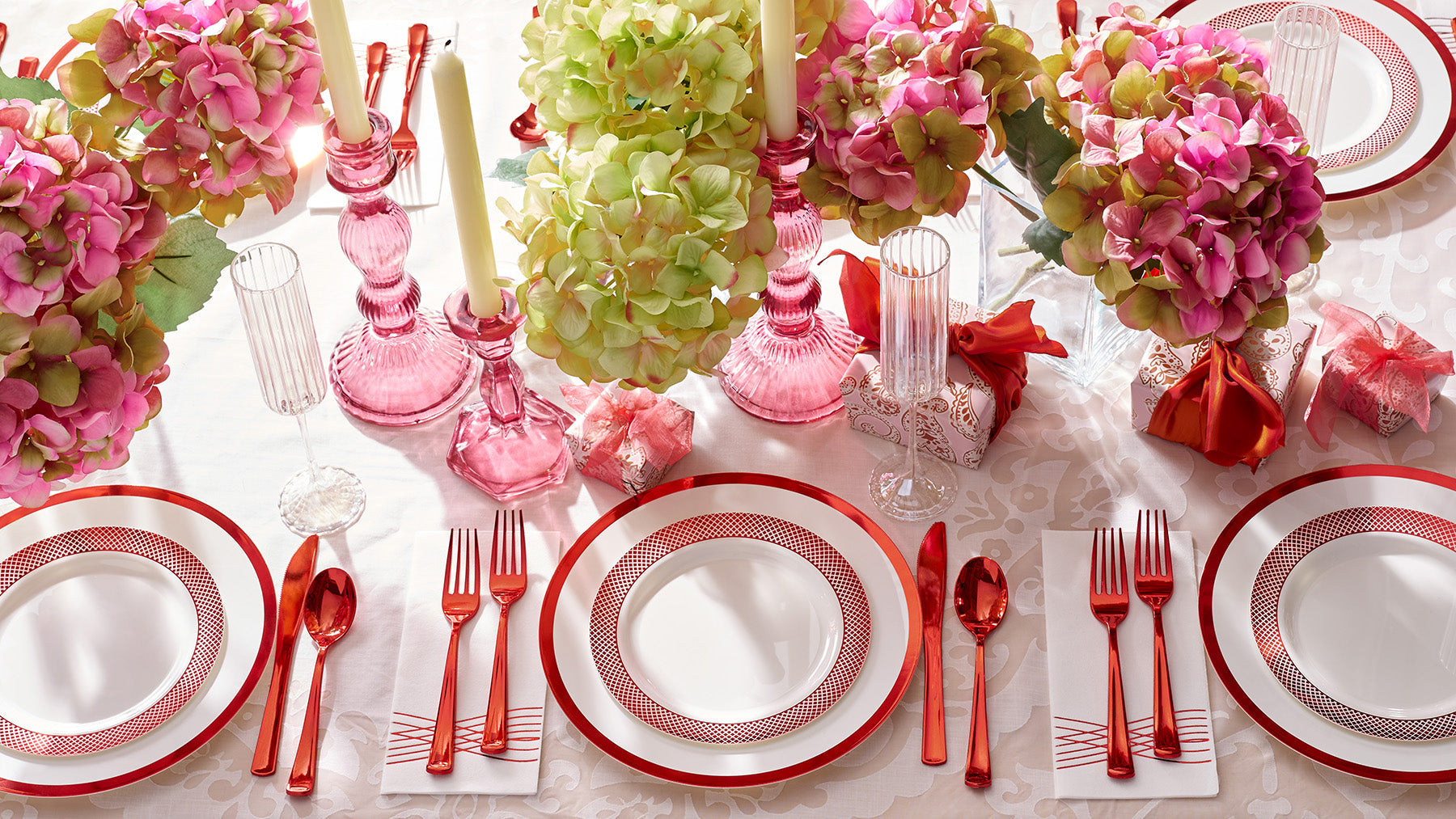 By Madee red dinnerware tablescape for a wedding celebration