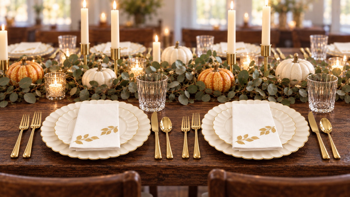 Elegant Thanksgiving table setting with By Madee heavyweight ivory and gold scalloped disposable dinnerware