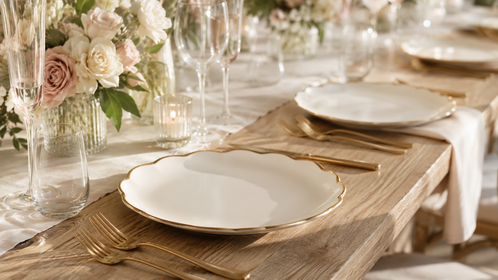 Elegant wedding tablescape with ivory scalloped plates and warm gold details