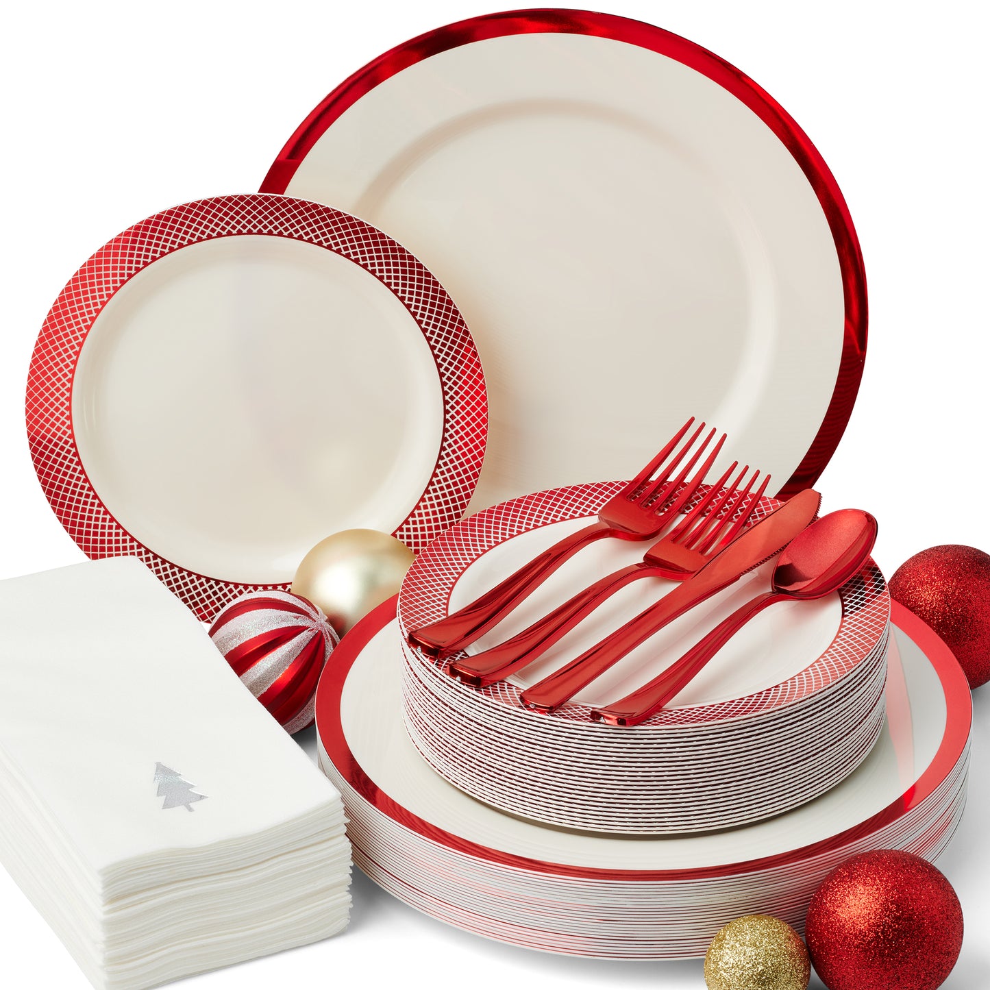 Red Disposable Christmas Plate Set for 25 Guests, Linen-Feel Christmas Dinner Napkins