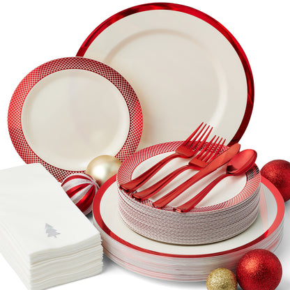 Red Disposable Christmas Plate Set for 25 Guests, Linen-Feel Christmas Dinner Napkins