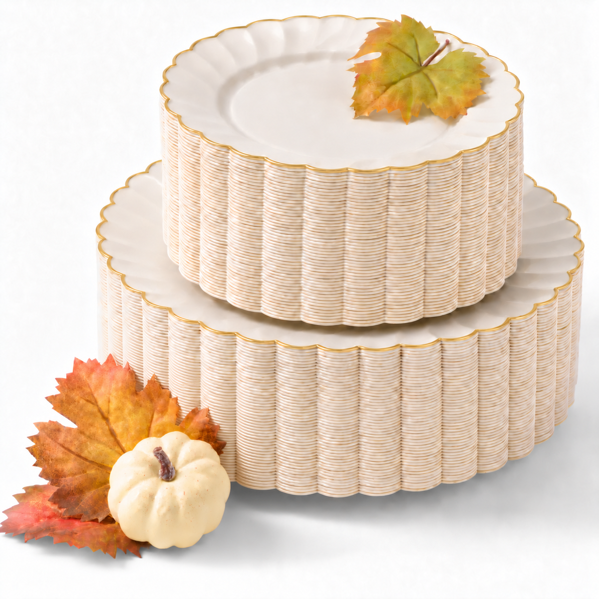 Ivory gold scalloped Thanksgiving plastic plates, 100-piece set with white pumpkin