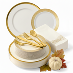 White and gold 175-piece Thanksgiving dinnerware set with gold cutlery and napkins