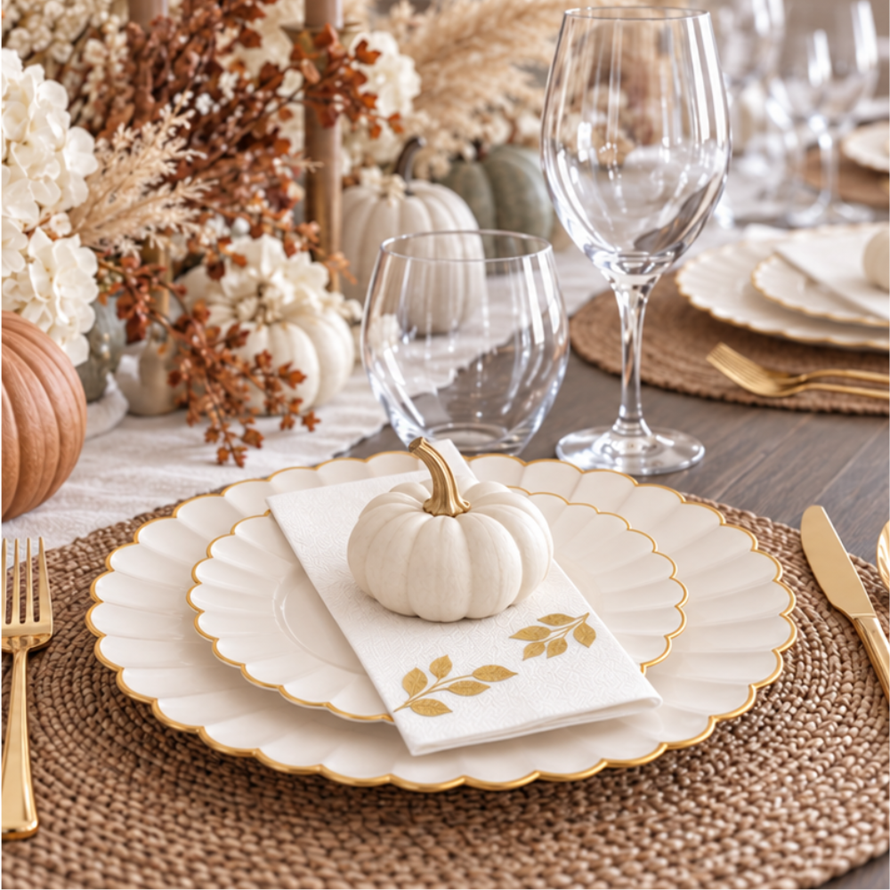 Ivory gold scalloped plates styled on a Thanksgiving table with white pumpkin