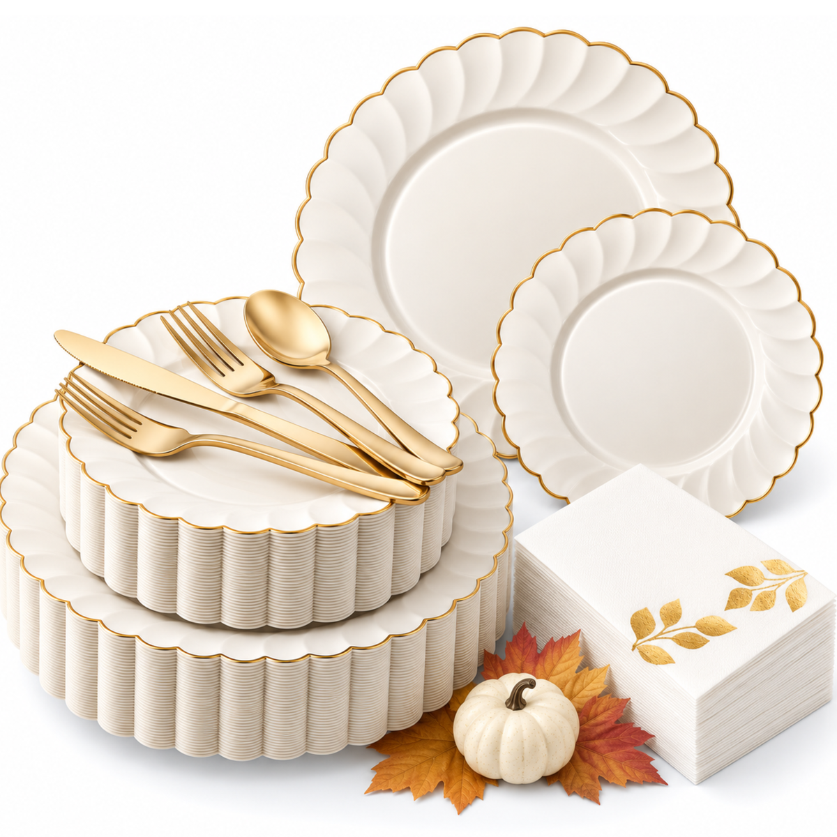 Ivory gold scalloped 175-piece Thanksgiving dinnerware set with gold cutlery and leaf napkins