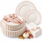 Ivory rose gold scalloped 175-piece Thanksgiving dinnerware set with rose gold cutlery and leaf napkins