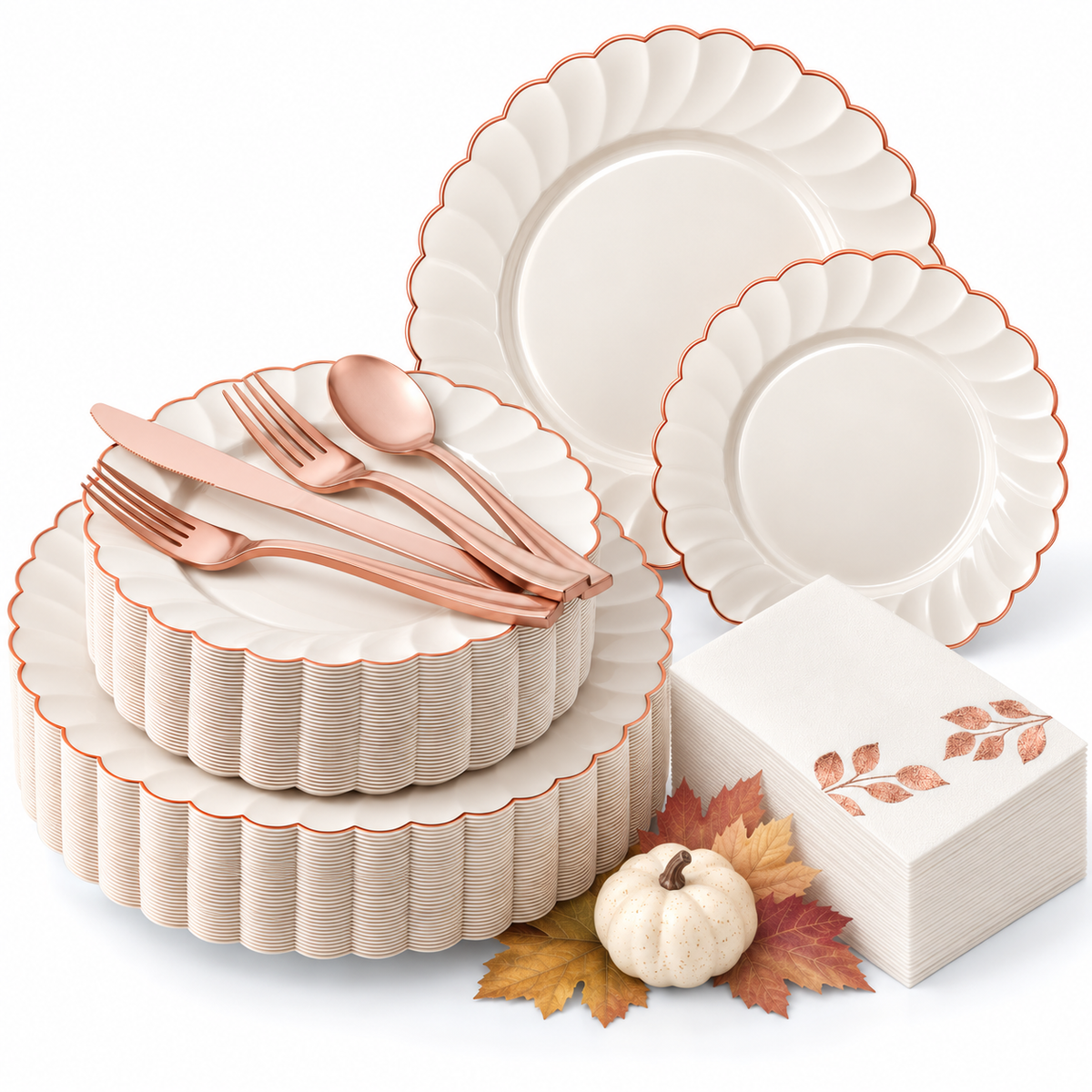 Ivory rose gold scalloped 175-piece Thanksgiving dinnerware set with rose gold cutlery and leaf napkins