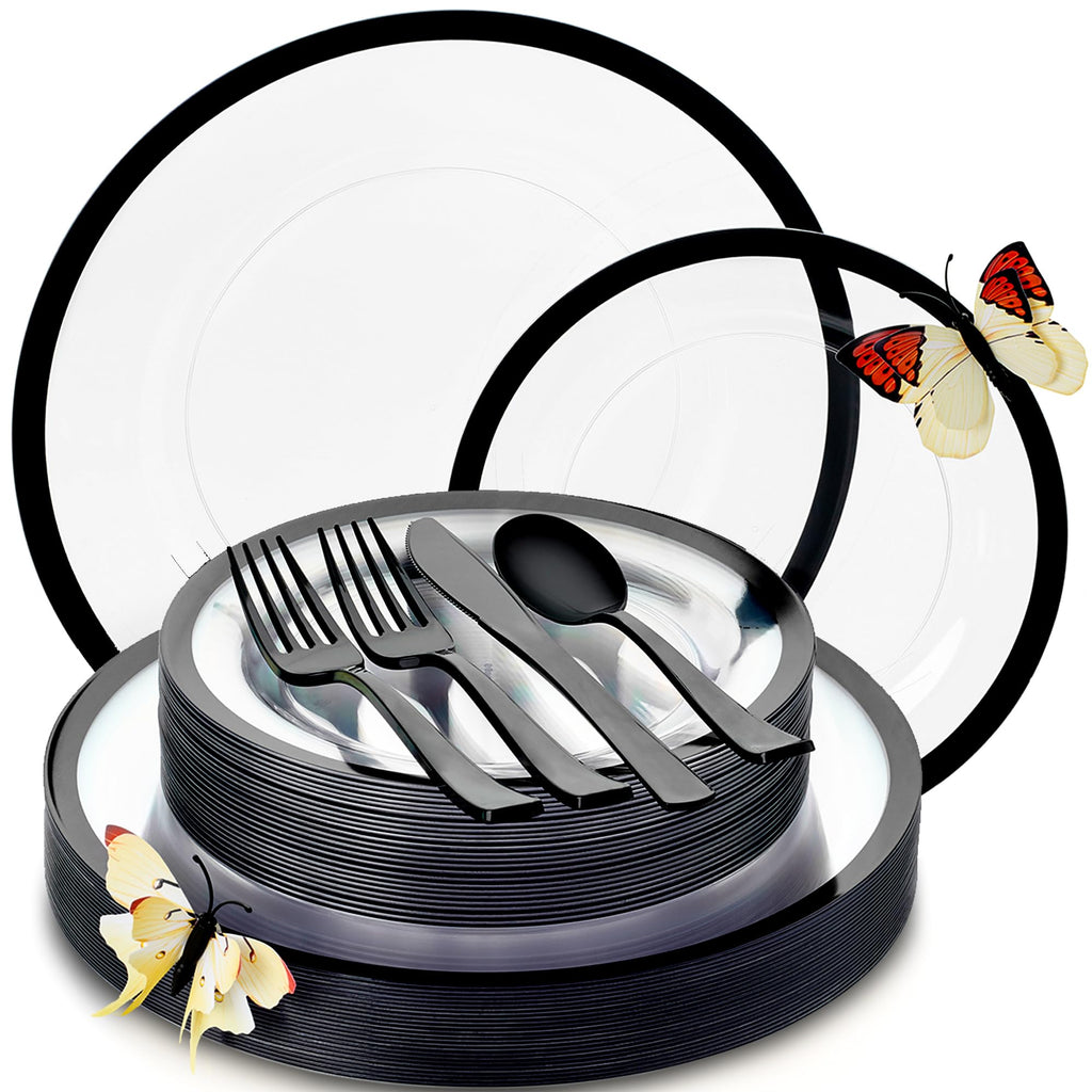 By Madee HEAVYWEIGHT 150 Pcs Clear Plates Disposable Plastic Plates for Party | Disposable Plastic Plates and Silverware Set 25 Guests | High End Disposable Plates | Gift of 3D Butterflies