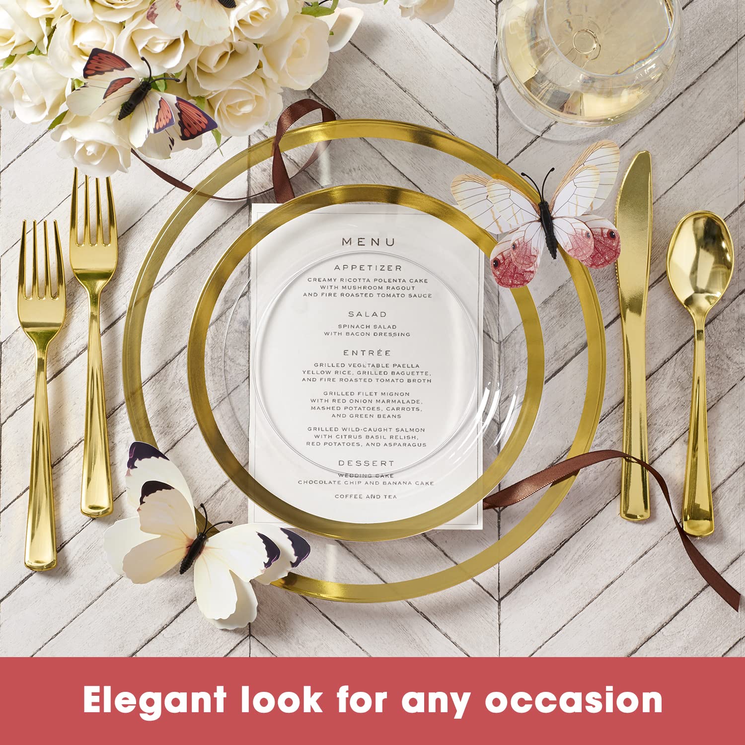 By Madee HEAVYWEIGHT 150 Pcs Clear Plates Disposable Plastic Plates for Party | Disposable Plastic Plates and Silverware Set 25 Guests | High End Disposable Plates | Gift of 3D Butterflies