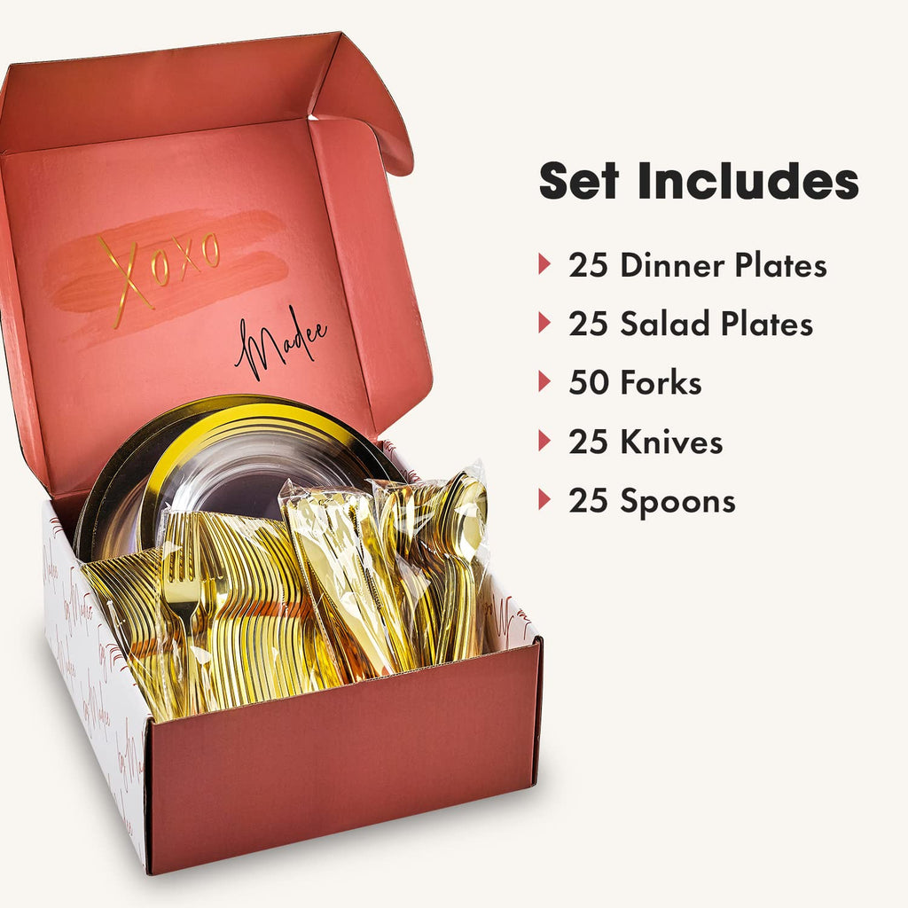 By Madee HEAVYWEIGHT 150 Pcs Clear Plates Disposable Plastic Plates for Party | Disposable Plastic Plates and Silverware Set 25 Guests | High End Disposable Plates | Gift of 3D Butterflies