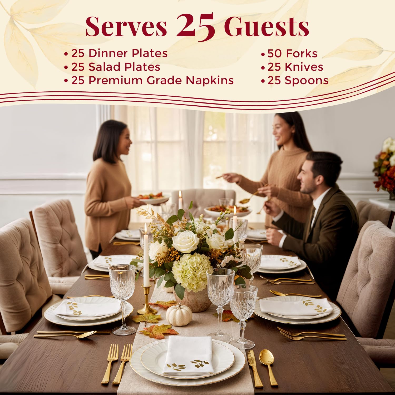 By Madee HEAVYWEIGHT 175 Pc Thanksgiving Plastic Plates and Napkins Sets – Ivory Scalloped Plates with Gold Trim | Fall Disposable Dinnerware Set | Host Beautifully (25 Guests)