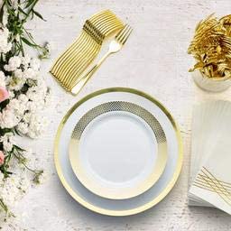 Metallic Gold & White Disposable Dinnerware Set - 25 Guests