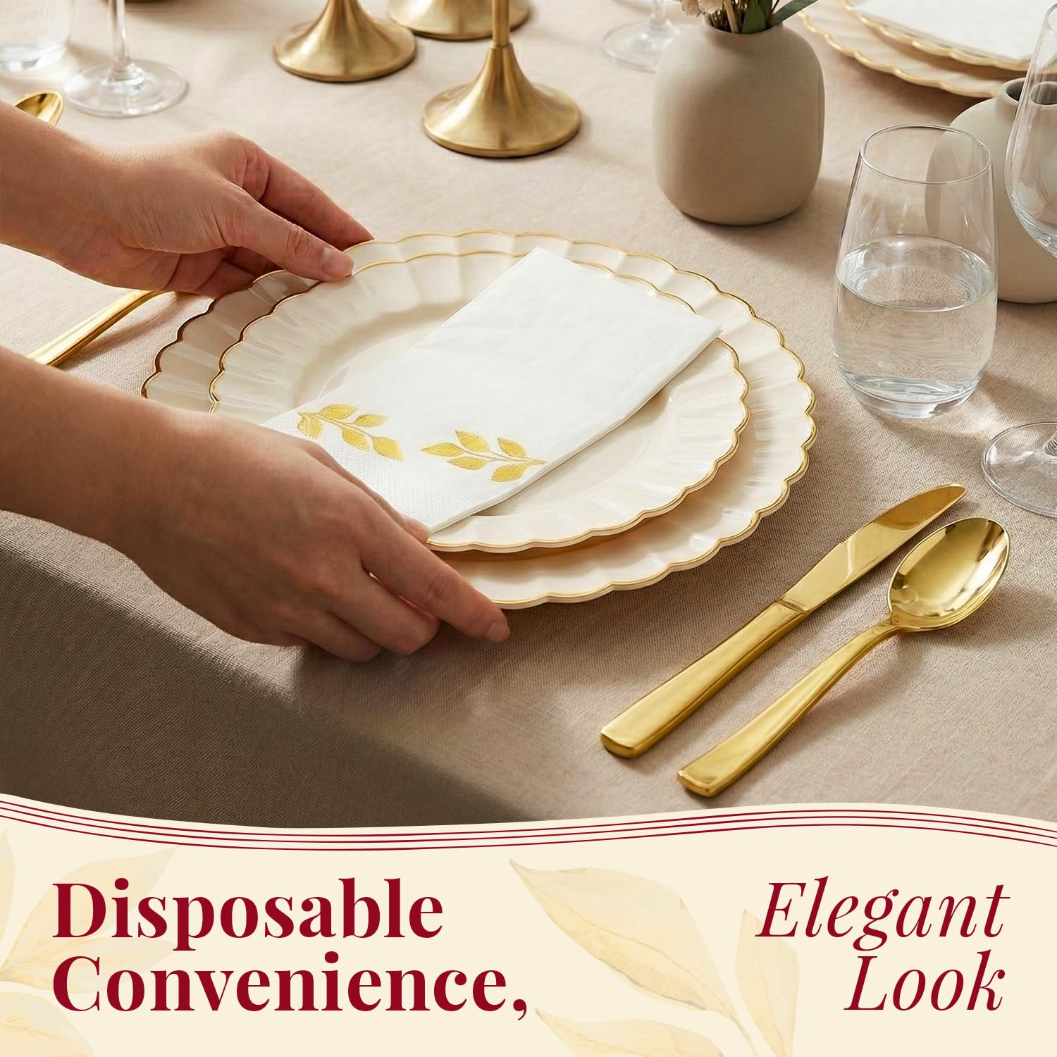 By Madee HEAVYWEIGHT 175 Pc Thanksgiving Plastic Plates and Napkins Sets – Ivory Scalloped Plates with Gold Trim | Fall Disposable Dinnerware Set | Host Beautifully (25 Guests)