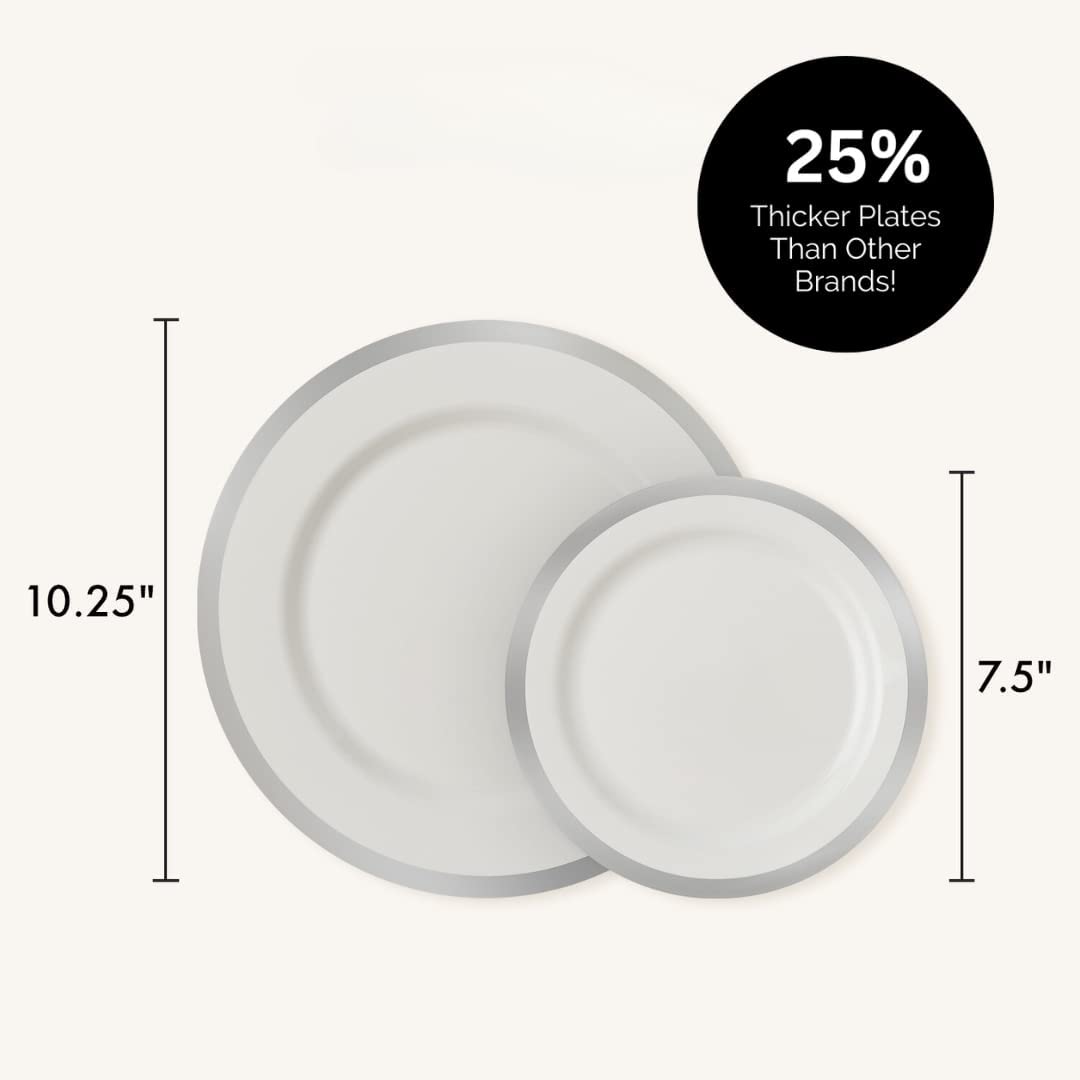 60 PCS Silver Plastic Plates - 30 Silver Rim Dinner Plates & 30 Salad or Dessert Plates w/ Grid Design