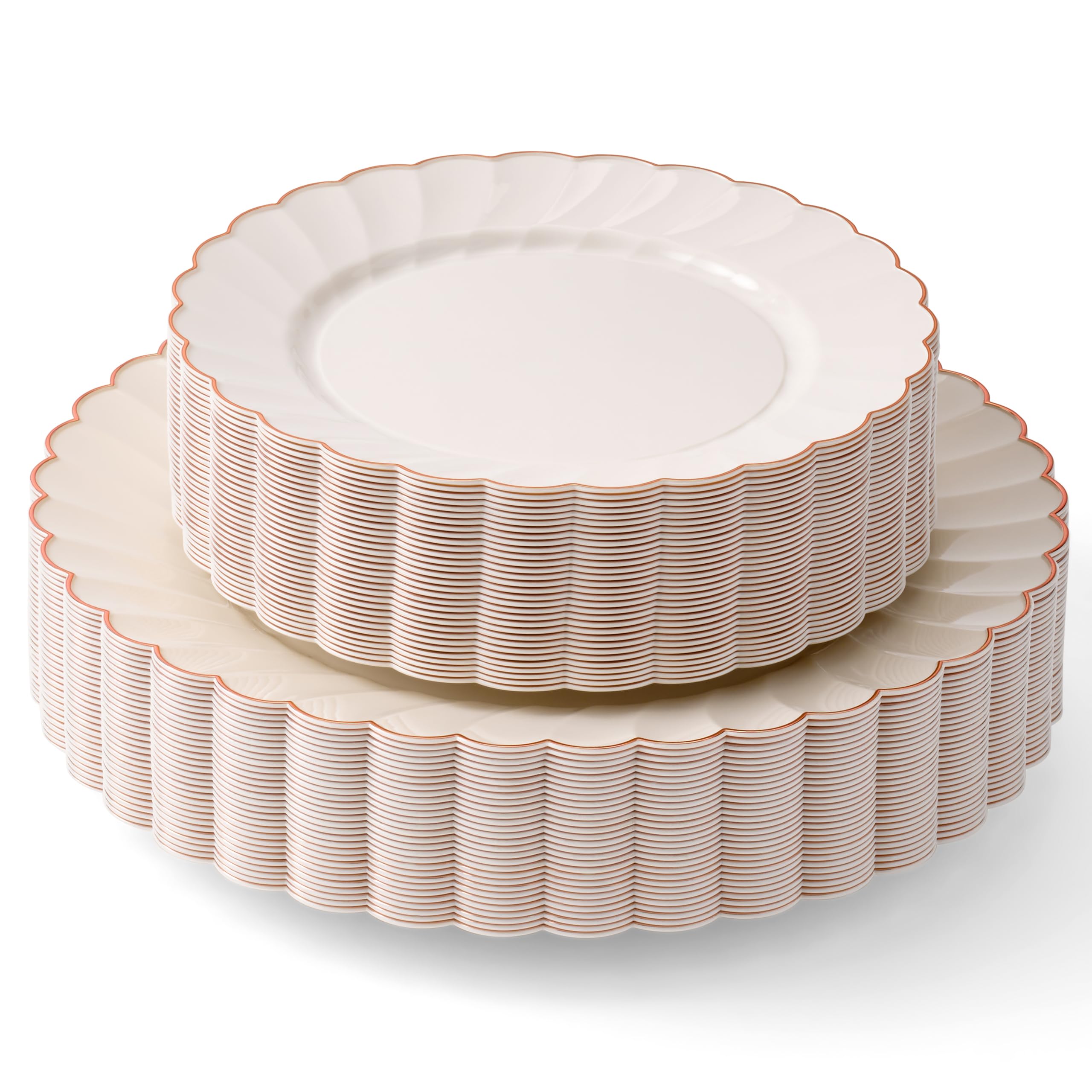 By Madee 60 Scalloped Disposable Dinner Plates with Rose Gold Trim – Heavyweight Elegant Plastic Party Plates for Weddings & Events