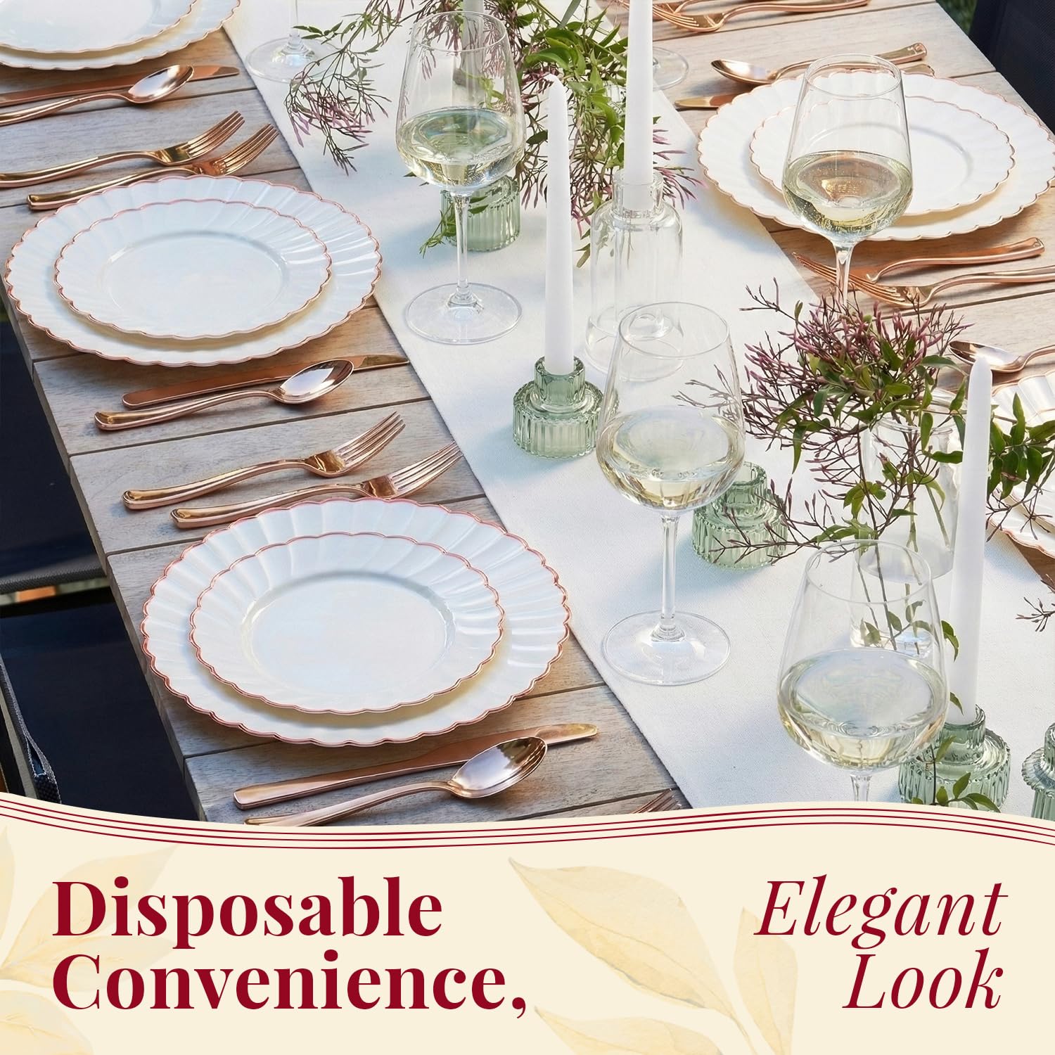 By Madee HEAVYWEIGHT Fancy Disposable Dinnerware Set – 175-Piece Ivory and Scalloped Rose Gold Disposable Plates, Cutlery & Linen-Feel Napkins, Elegant Nice for Weddings & Party (25 Guests)