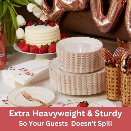 By Madee HEAVYWEIGHT 100 Pc Fancy Disposable Plates Set | Ivory Scalloped Premium Disposable Plates with Rose Gold Trim | 50 Dinner Plates & 50 Dessert Wedding Shower Party