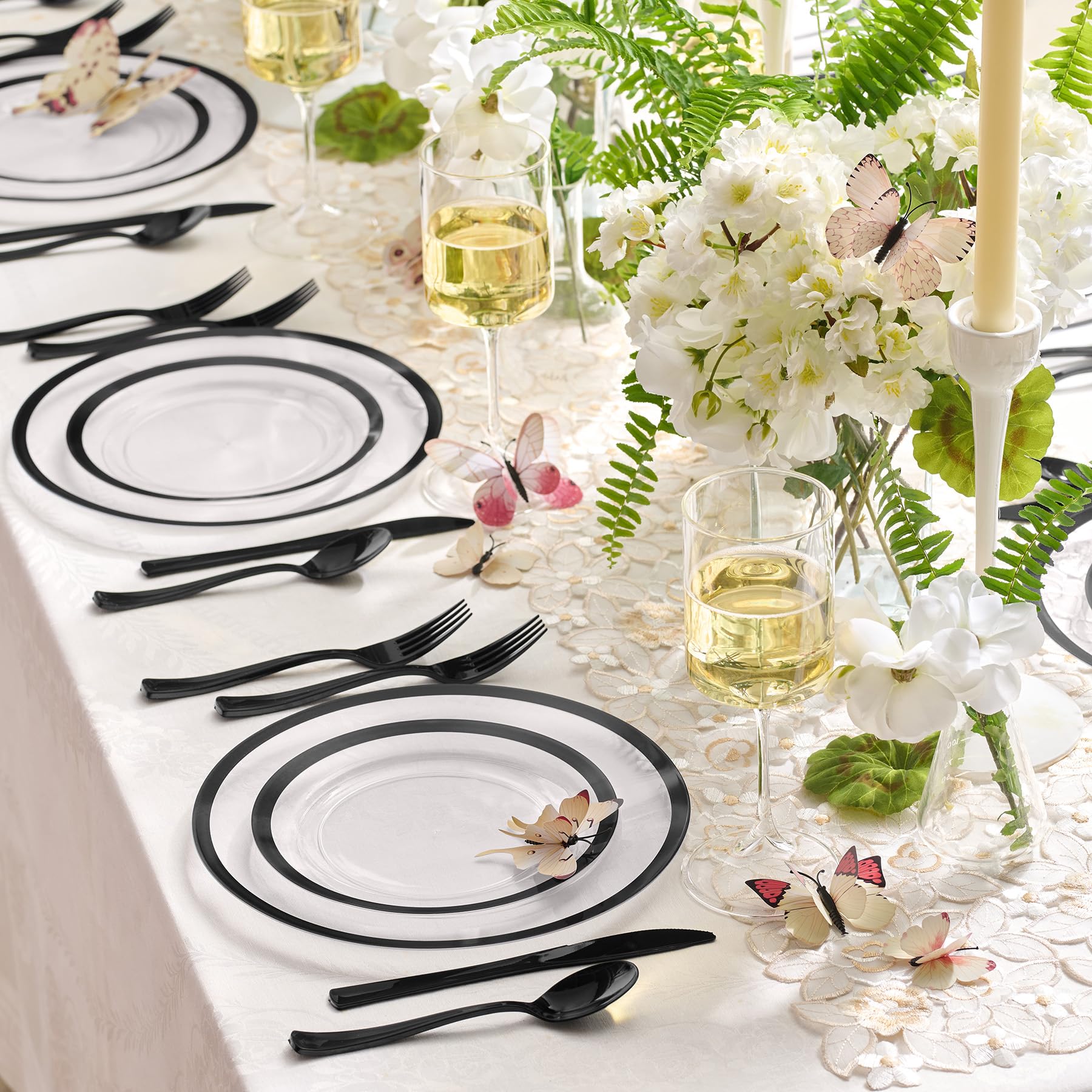 By Madee HEAVYWEIGHT 150 Pcs Clear Plates Disposable Plastic Plates for Party | Disposable Plastic Plates and Silverware Set 25 Guests | High End Disposable Plates | Gift of 3D Butterflies