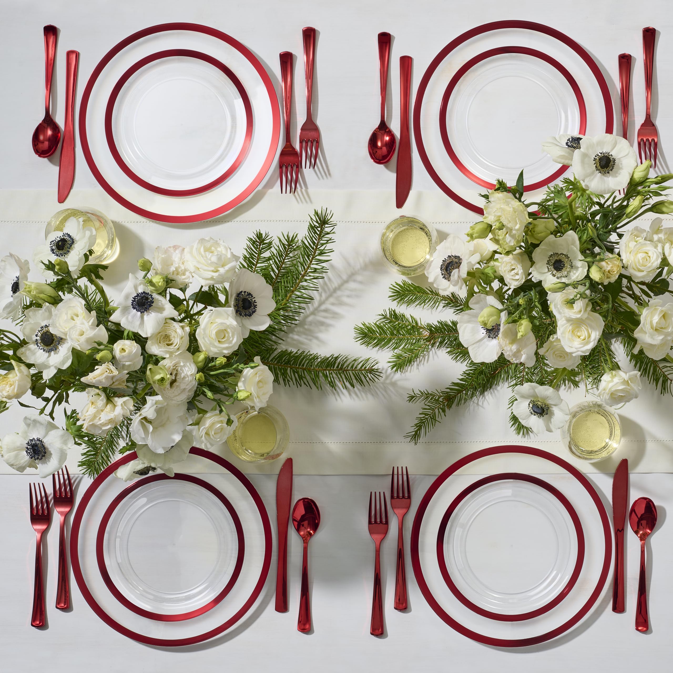 By Madee HEAVYWEIGHT 150 Pcs Clear and Red Plastic Plates | Fancy Disposable Plates for Party, Wedding, Valentines | Gift of 3D Butterfles for Table Decor | 25 Guests