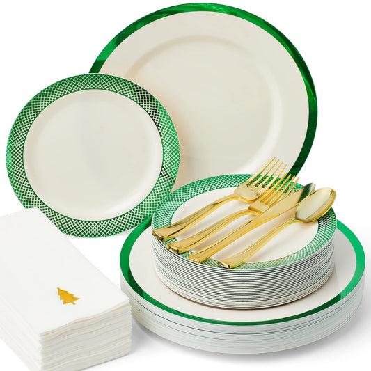 Ivory and green Christmas 175-piece dinnerware set