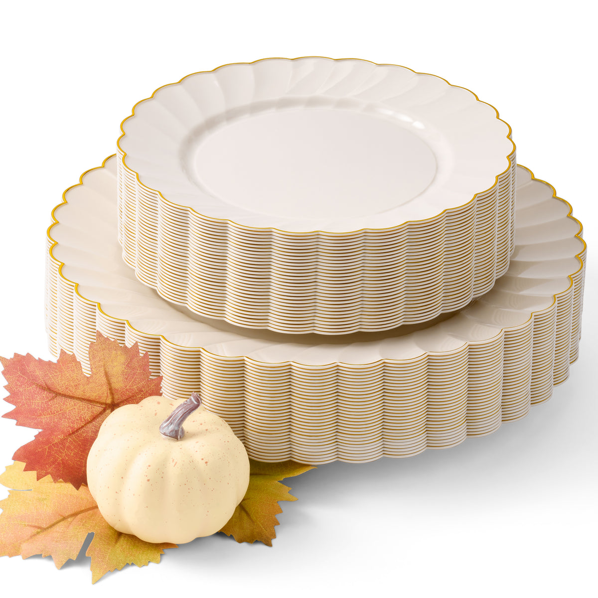 Ivory gold scalloped Thanksgiving plastic plates, 60-piece set with white pumpkin