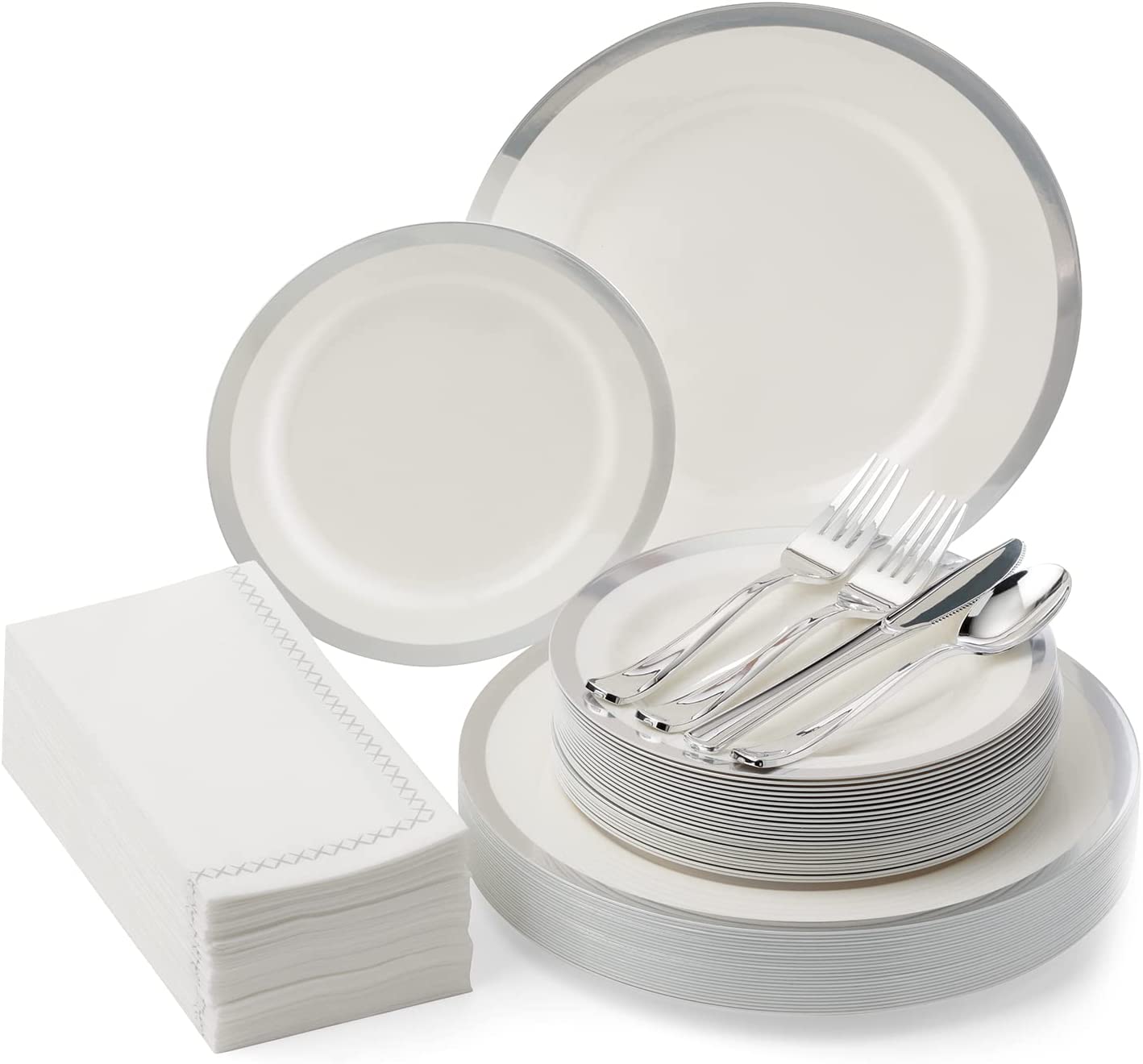 Elegant White and Silver Rimmed Disposable Party Set