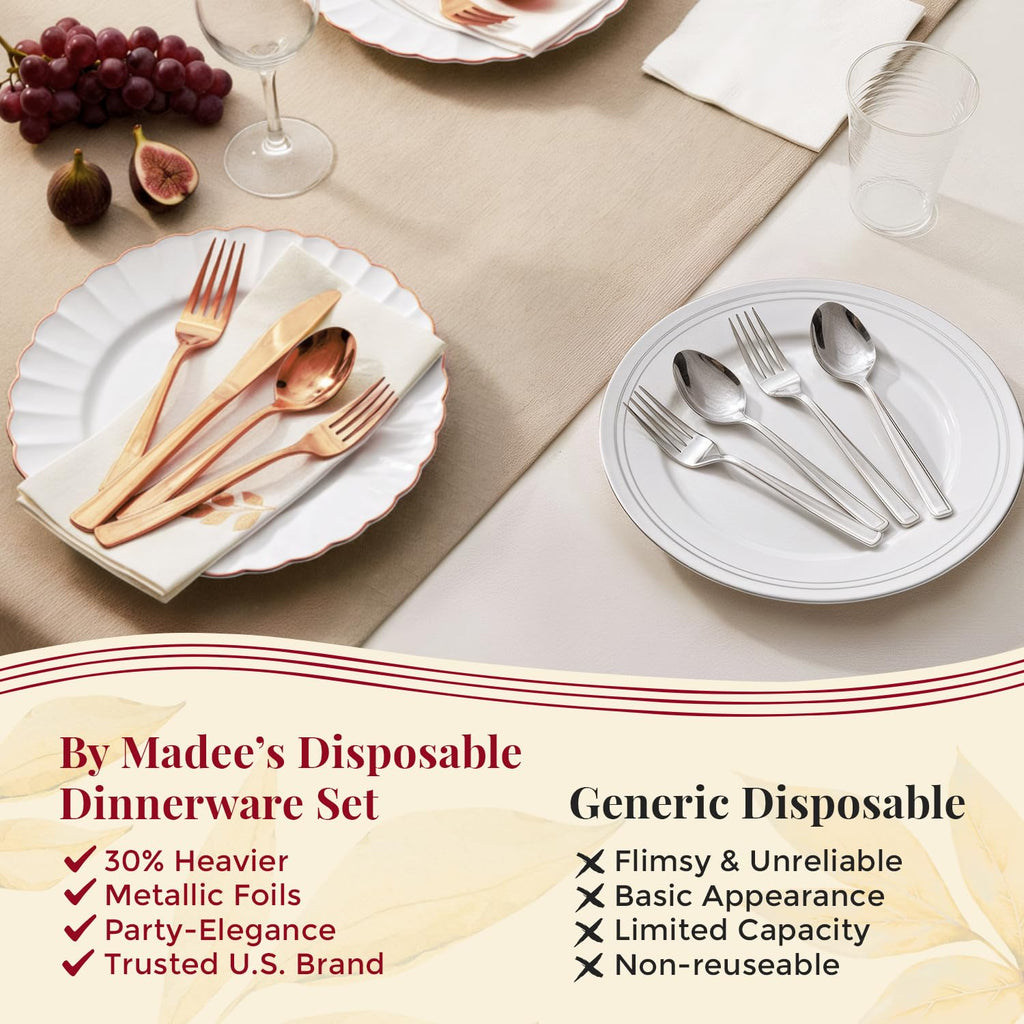 By Madee HEAVYWEIGHT Fancy Disposable Dinnerware Set – 175-Piece Ivory and Scalloped Rose Gold Disposable Plates, Cutlery & Linen-Feel Napkins, Elegant Nice for Weddings & Party (25 Guests)