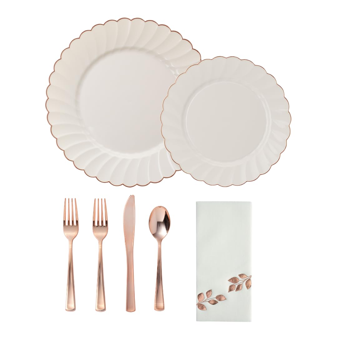 By Madee HEAVYWEIGHT Fancy Disposable Dinnerware Set – 175-Piece Ivory and Scalloped Rose Gold Disposable Plates, Cutlery & Linen-Feel Napkins, Elegant Nice for Weddings & Party (25 Guests)