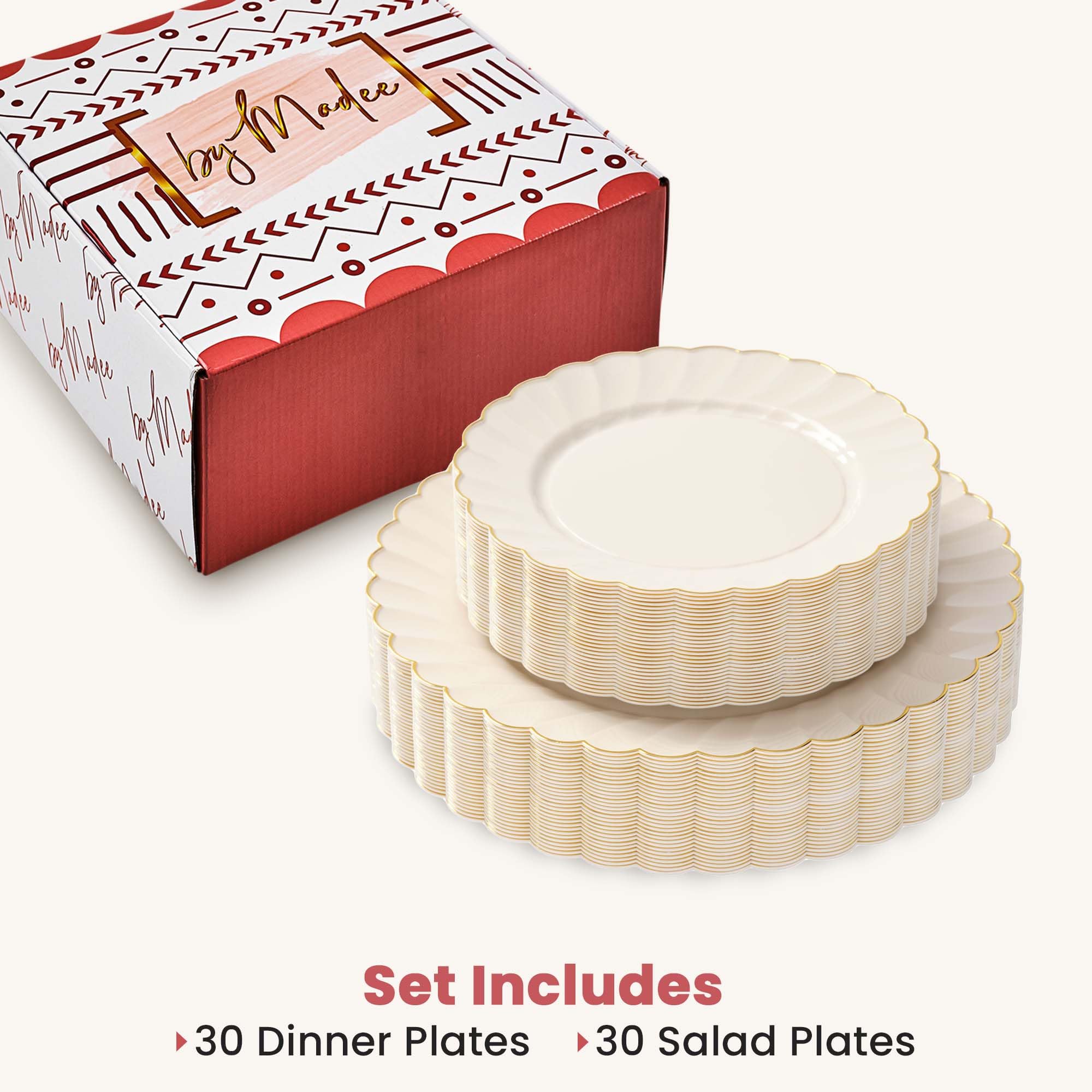 By Madee HEAVYWEIGHT 60 Pc Ivory Scalloped Plastic Plates with Rose Gold Trim | 30 Dinner & 30 Dessert Plates | Perfect for Weddings Bridal Showers or Any Special Moments