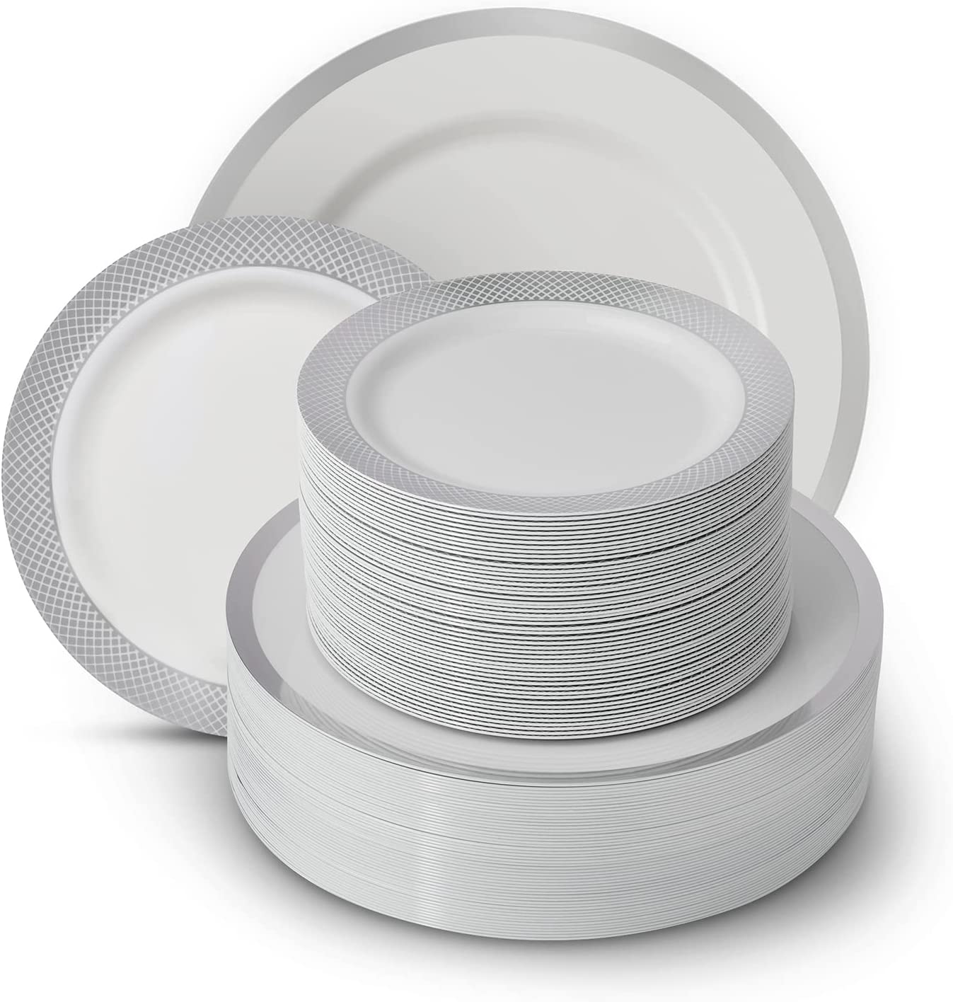 100 PCS Silver Plastic Plates - 50 Dinner Plates & 50 Salad or Dessert Plates