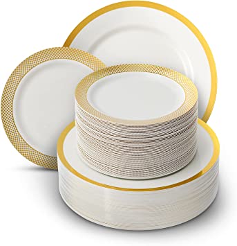 100 PCS Gold Plastic Plates - 50 Dinner Plates & 50 Salad or Dessert Plates