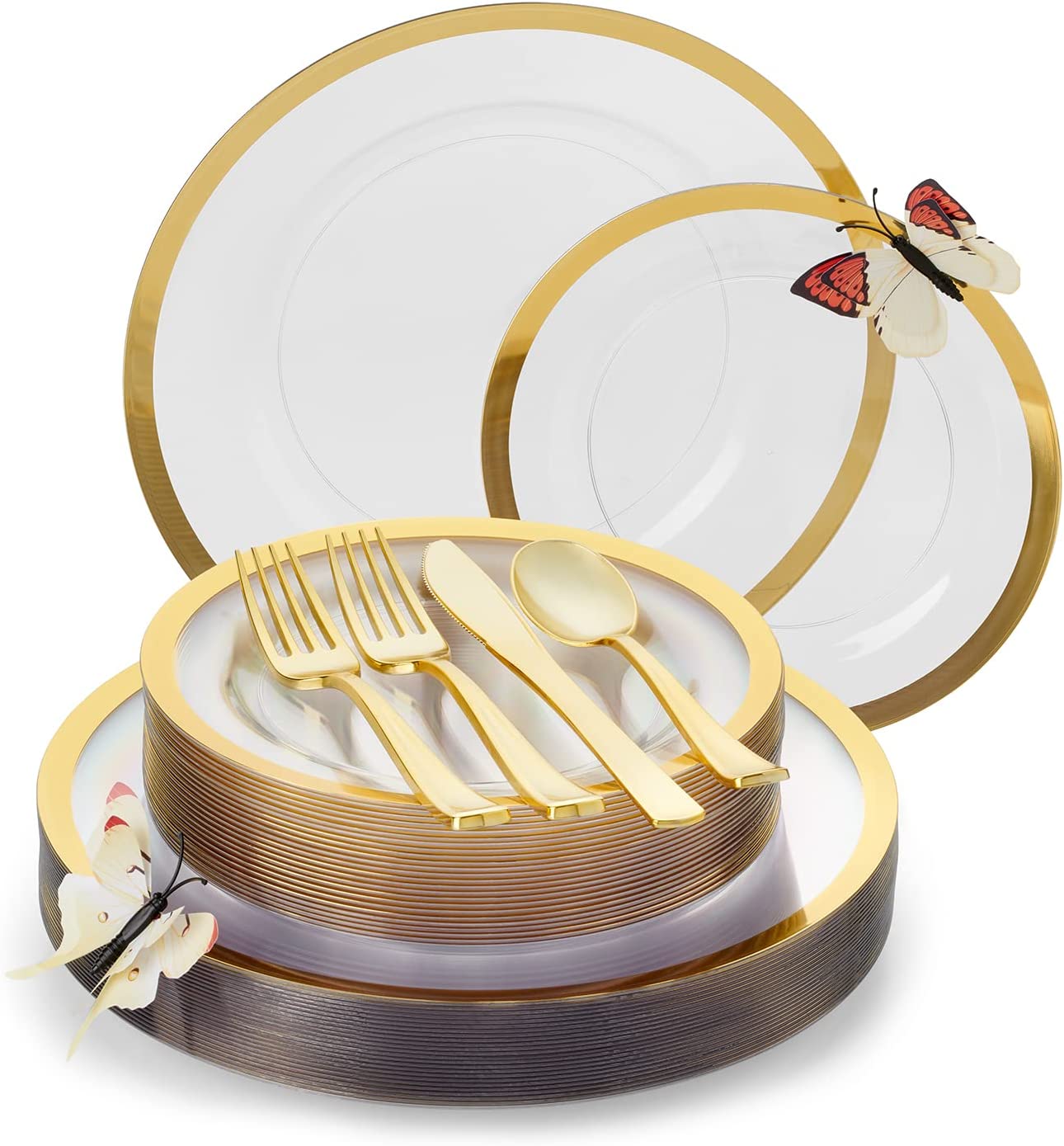 Clear Plastic Plates with Red Trim - Disposable Dinnerware Set - Bonus 3D Butterflies