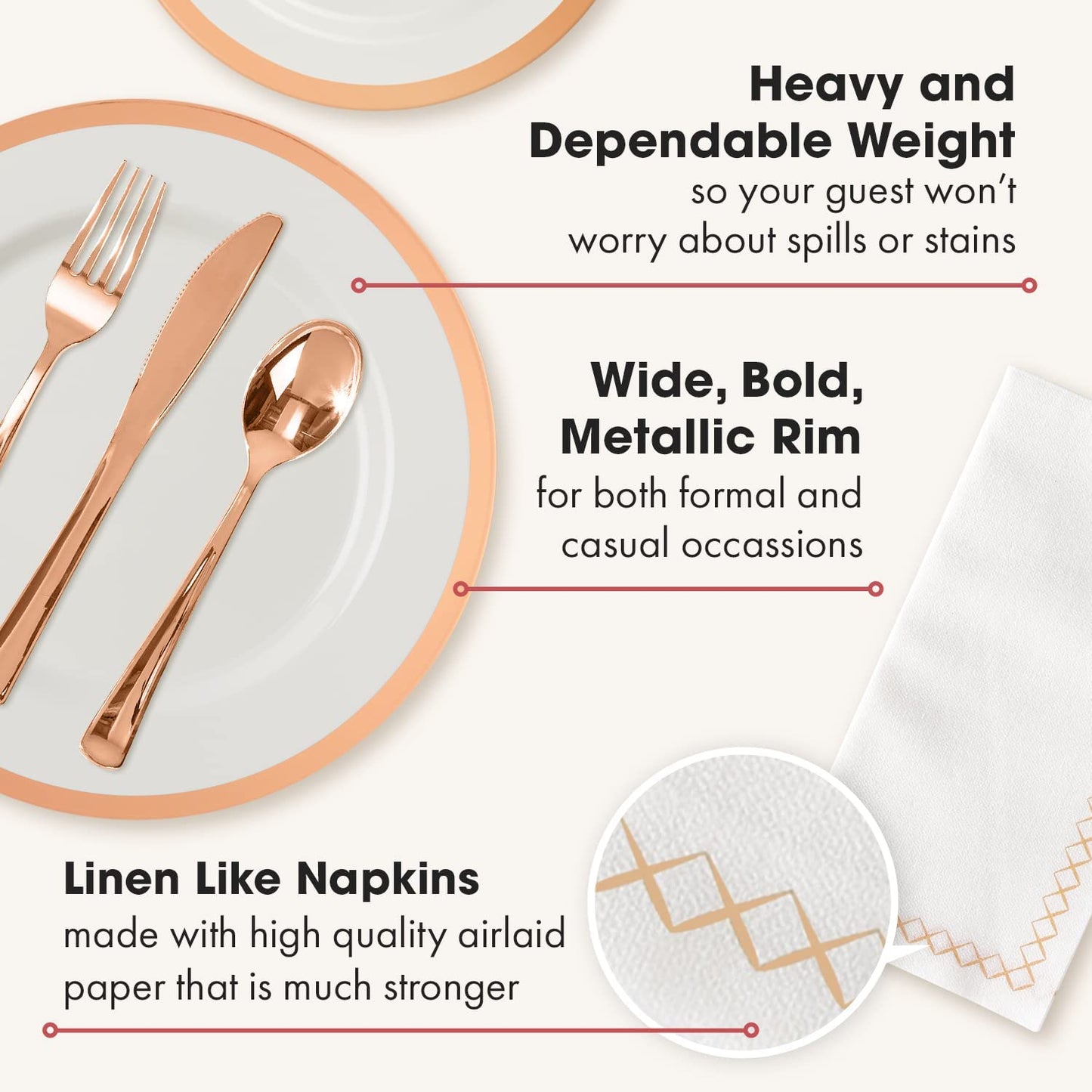 Disposable Dinnerware Set Rose Gold Rimmed For 25 Guests