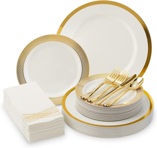 Gold Plastic Plates Disposable Dinnerware Set - 175 Pcs for 25 Guests