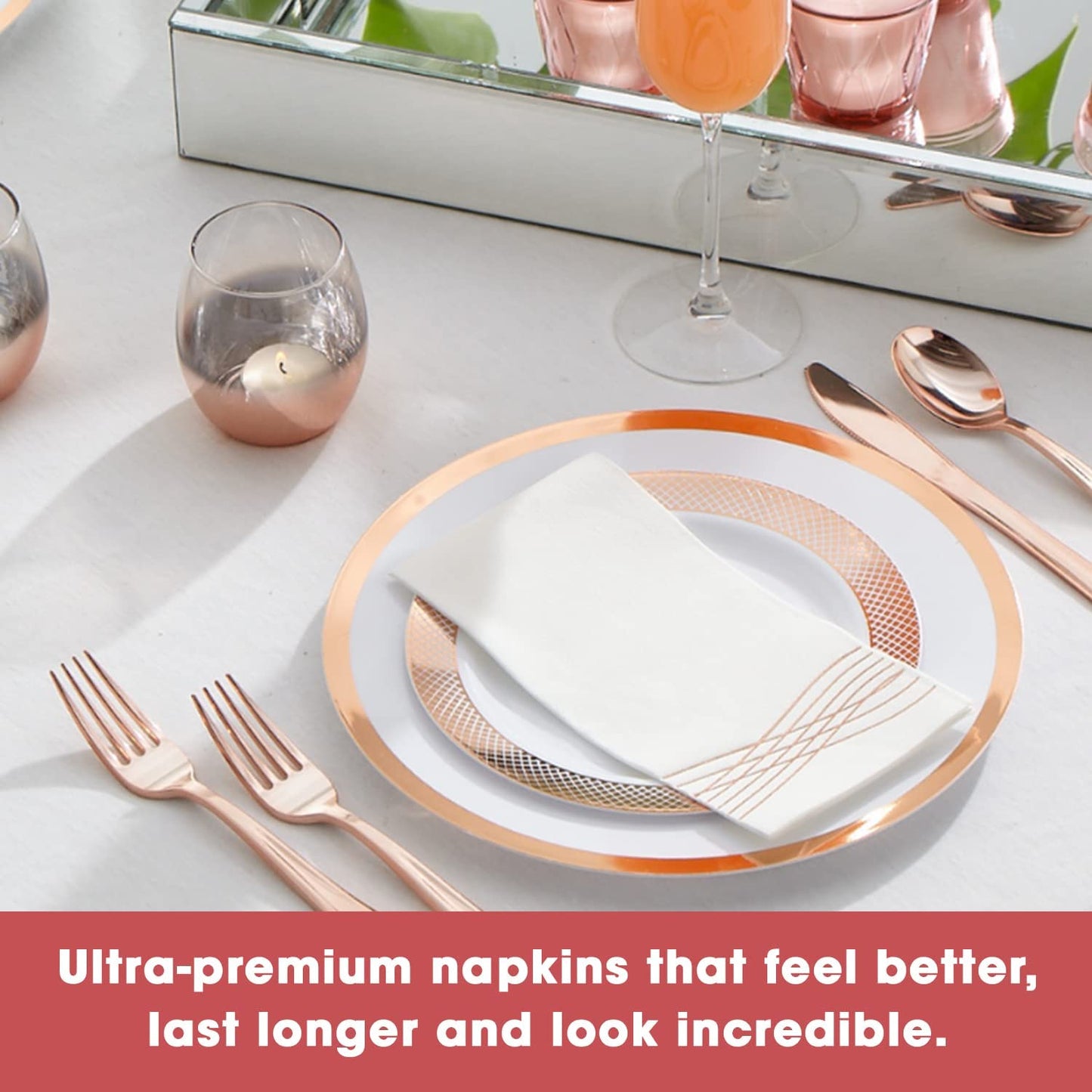 Rose Gold Fancy Paper Napkins, Perfect Disposable Guest Hand Towels for Bathrooms (8.5" x 4" Rose Gold Wavy 50 Pack)