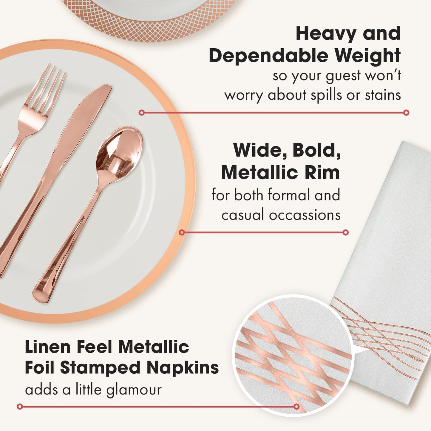 Disposable Dinnerware Set for 25 Guests Premium Plastic Party Supplies (Rose Gold)