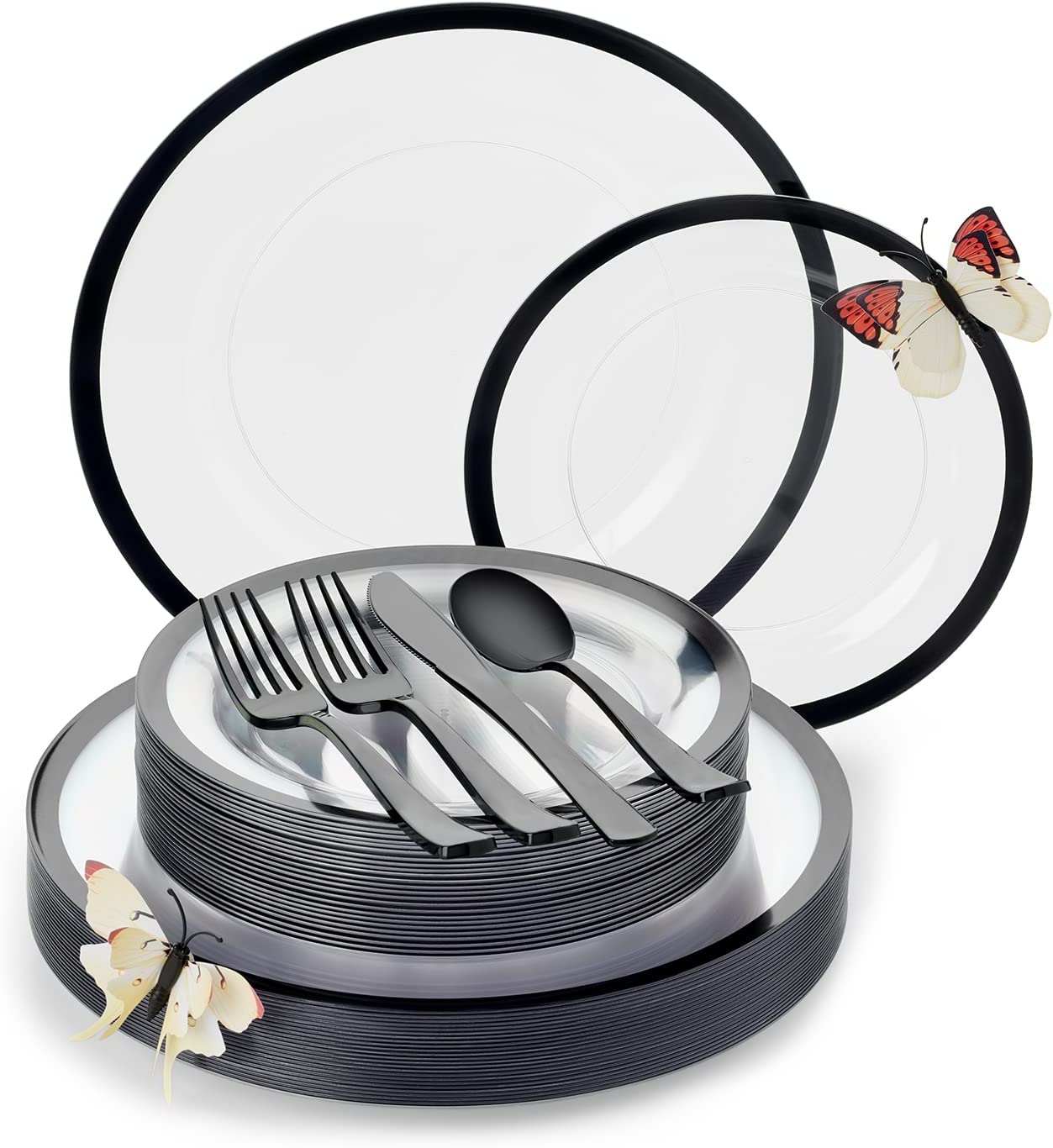 Disposable Clear Plastic Plates with Black Rim Set 150 Pcs with Bonus 3D Butterflies