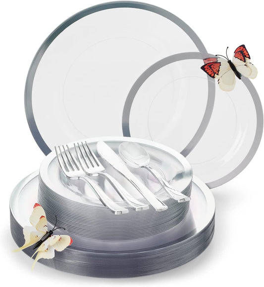 Silver & Clear Plastic Plates for Party - 175 PCS for 25 Guests - Bonus 3D Butterflies