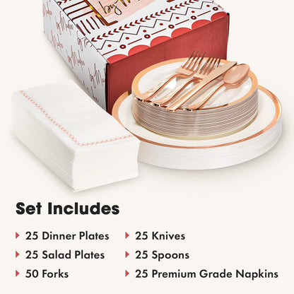 Disposable Dinnerware Set Rose Gold Rimmed For 25 Guests