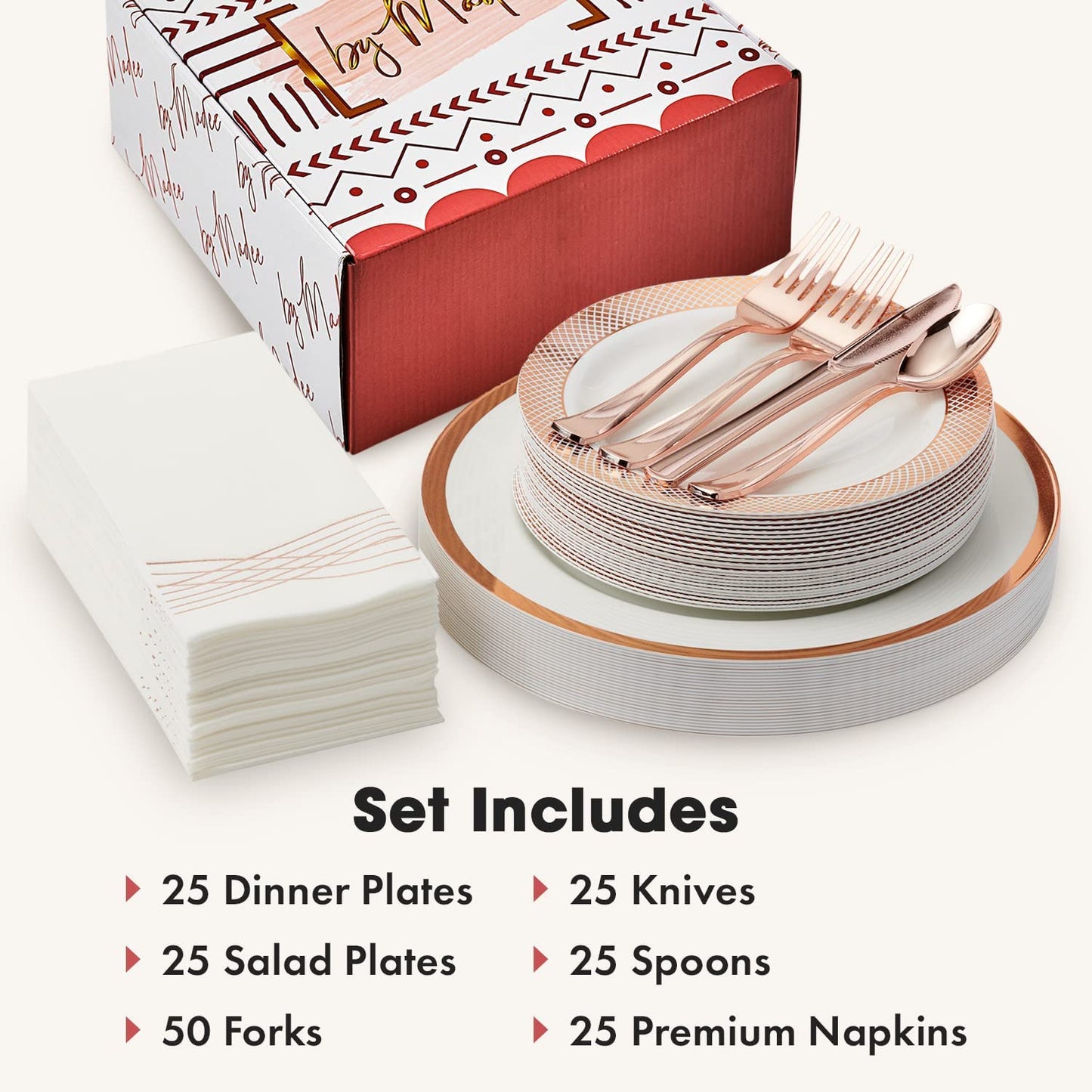 Disposable Dinnerware Set for 25 Guests Premium Plastic Party Supplies (Rose Gold)